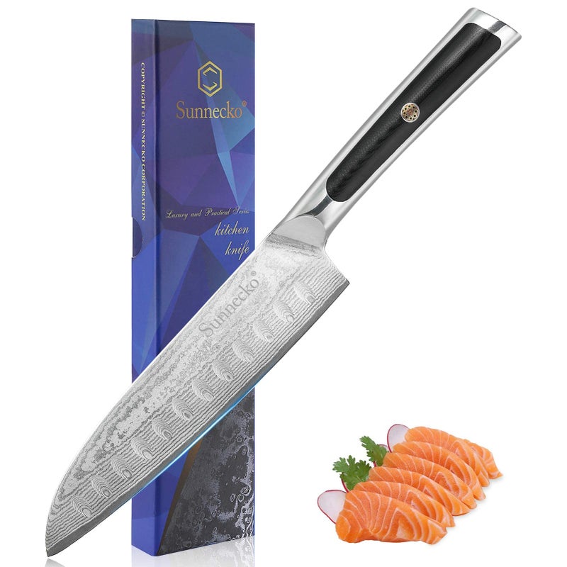 Sunnecko Kitchen Knife Japanese Damascus Santoku Knife 7 Inch,High Carbon Steel Cooking Knife Professional with G10 Handle - Image 1